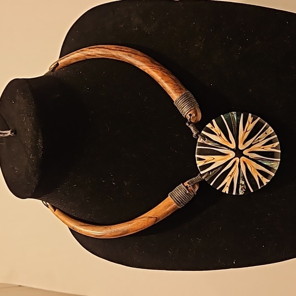 BOHO Wooden, Twine, Resin & Abalone 18" Necklace - Picture 2 of 6